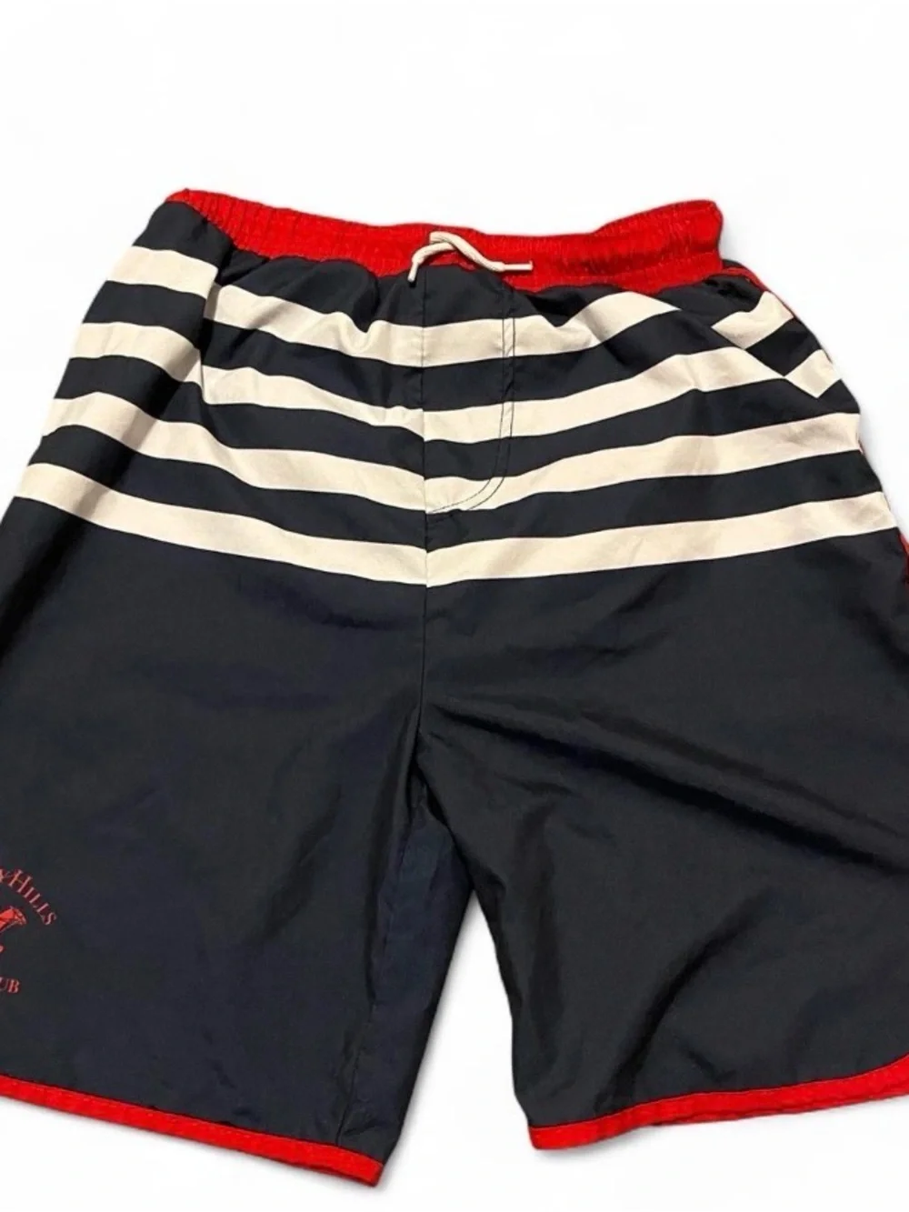 Beverly Hills Polo Club Navy & Cream Striped Athletic Shorts with Red Trim